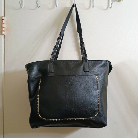 Weimeibaige Handbags - Black Vegan Leather Shoulder Bag with Contrast Stitching